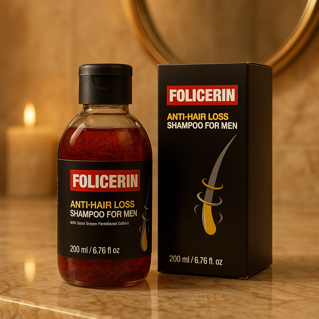 Folicerin anti-hair loss shampoo – strengthens hair roots and promotes natural regrowth.